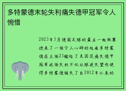 多特蒙德末轮失利痛失德甲冠军令人惋惜 多特蒙德末轮失利痛失德甲冠军令人惋惜