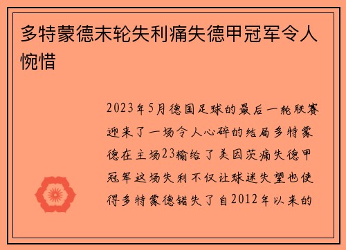 多特蒙德末轮失利痛失德甲冠军令人惋惜